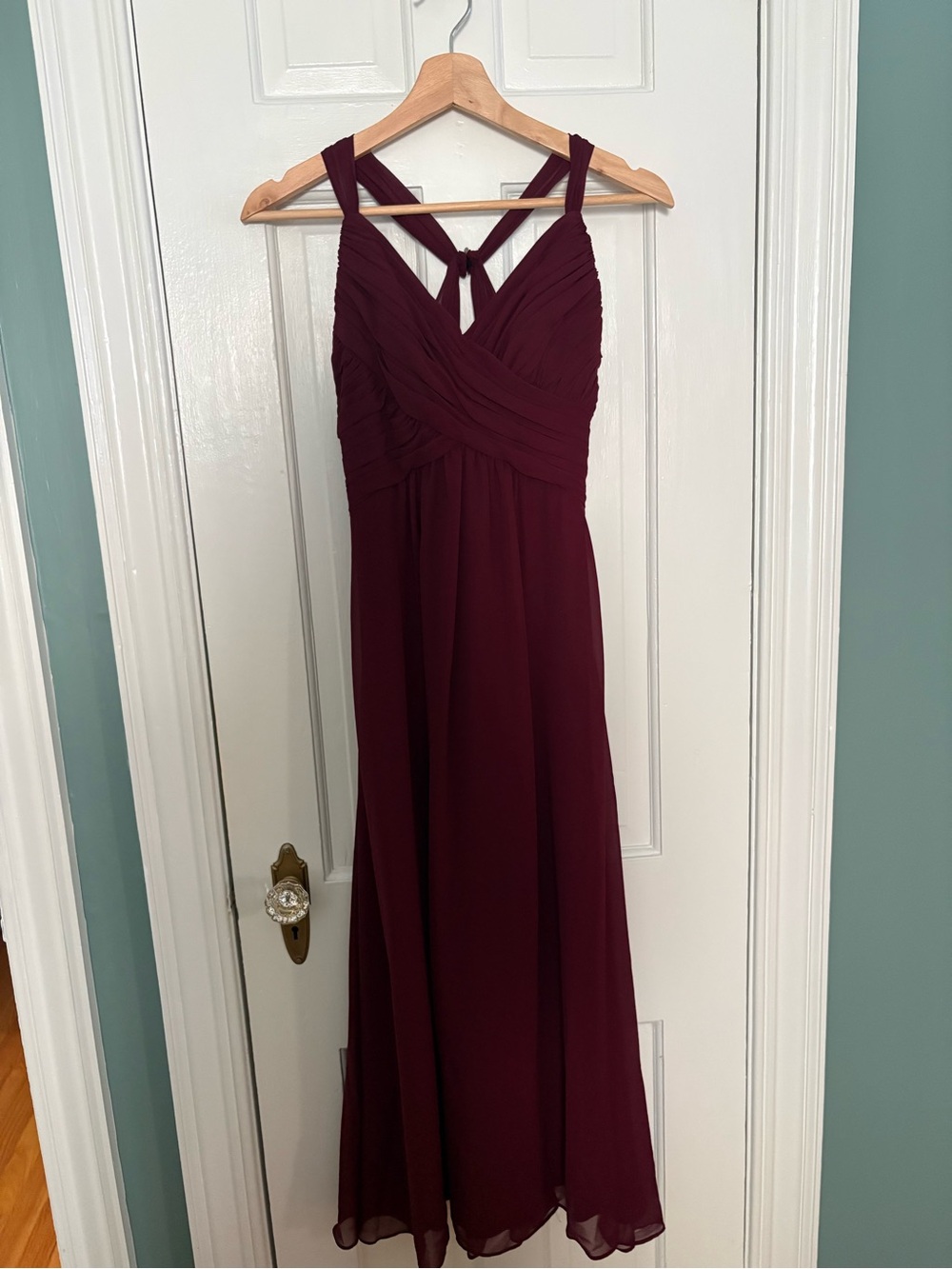 Mori Lee Burgundy Maxi Dress with Cross-Front Bodice